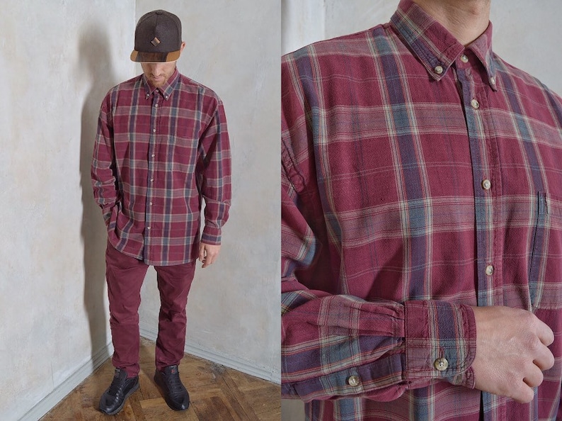 checked overshirt casual shirt mens red button up gift for him grunge shirt 90s shirt Plaid mens vintage shirt retro shirt