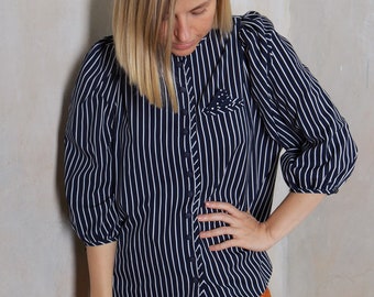 Blue white striped vintage blouse | light loose blouse | modern vintage | 80s blouse | festive blouse | office blouse | puff sleeves blouse