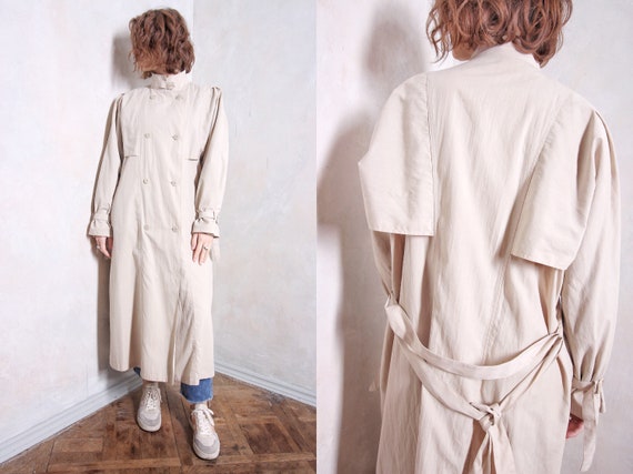 Beige long trench coat | 80s coat | pleated coat |
