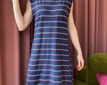 French style 80s vintage dress | straight sleeveless dress | belted jersey dress | blue striped dress | summer dress | minimalist dress|