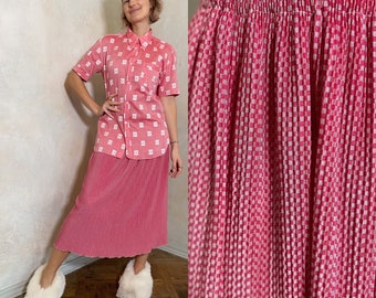 Pink geometric print vintage skirt | boho skirt | high waist skirt | elastic skirt | flare skirt | chiffon skirt | 70s hippie