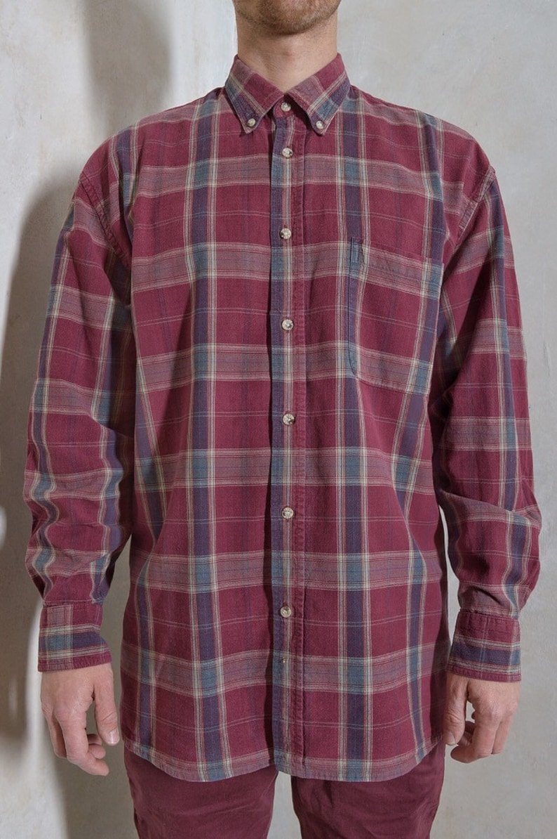 checked overshirt casual shirt mens red button up gift for him grunge shirt 90s shirt Plaid mens vintage shirt retro shirt