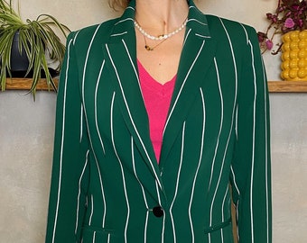 Green vintage striped blazer | 80s jacket | long blazer | bold jacket | S size jacket | women jacket | silky jacket |