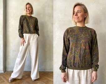 Green vintage sweater | crew neck sweater | flower sweater | natural sweater | womens sweater | 80s sweater | spring sweater | retro sweater