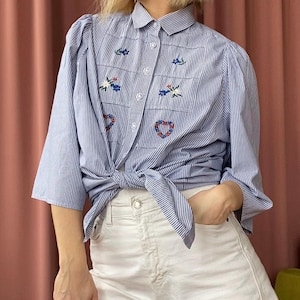 Romantic striped light blue 70s vintage blouse | embroidered blouse | cowgirl blouse  | loose countryside blouse | upcycled blouse |