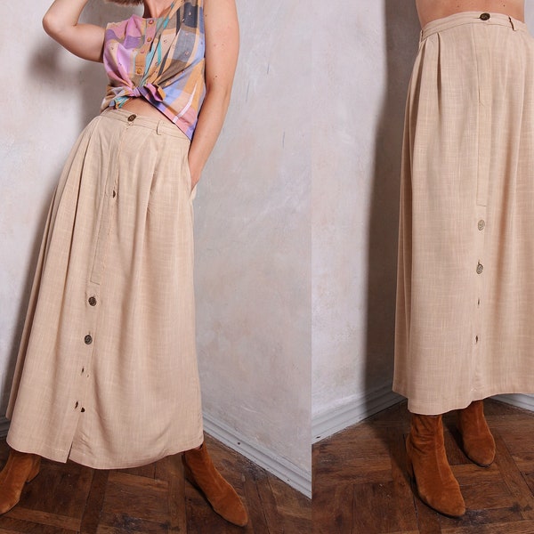 Falda midi vintage de los 70 / falda beige / falda de cintura alta / falda de otoño claro / falda femenina / falda boho / falda hippie / falda retro /