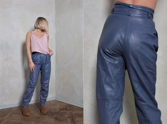 Leather vintage pants | blue pants | high waisted