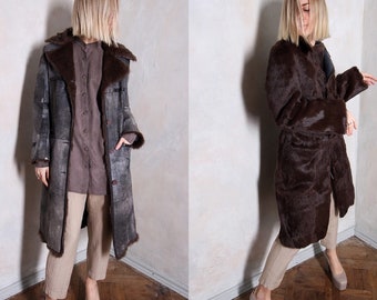 Vintage fur coat | genuine leather coat | high quality coat | reversible coat | brown long coat | 70s coat | blue coat | retro coat |