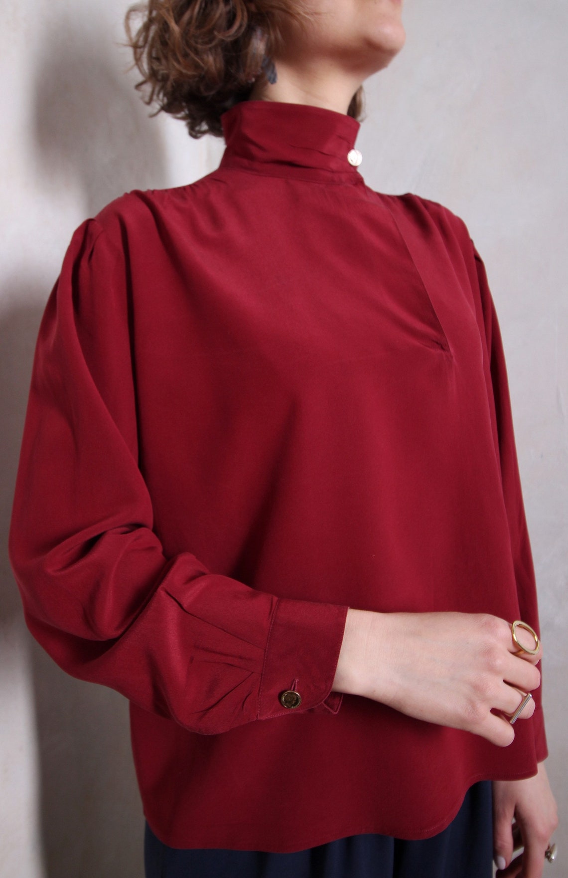 Burgundy red silk vintage blouse high collar blouse | Etsy