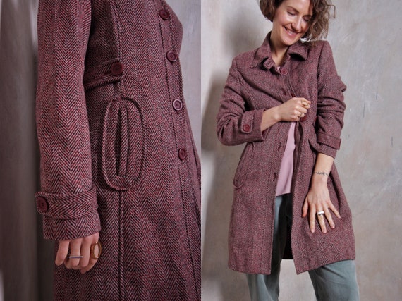 Burgundy 70s wool vintage coat | red coat | fitted