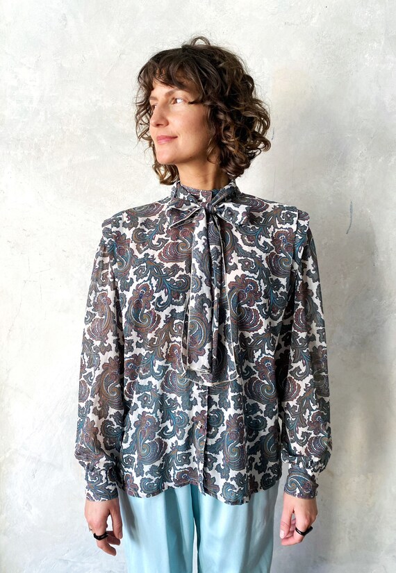 Paisley Print Sheer Vintage Blouse | Light Blouse | 80s Blue