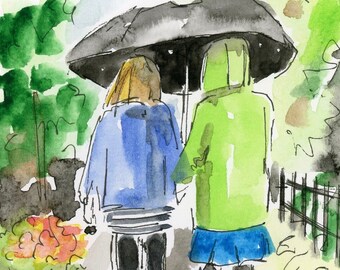 Girlfriends sharing an umbrella, childhood, best friends Watercolor Drawing signed print