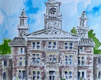 Old Main University of South Dakota, Vermillion, South Dakota, WaterColor, 5x7, 8x10, 11x14, Print, Art