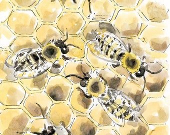 Honey Bees  Watercolor Drawing signed printSouvenir
