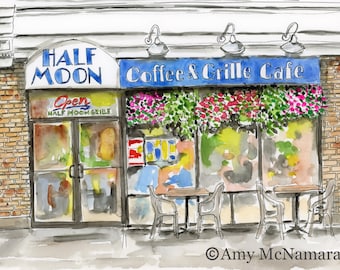 Half Moon Cafe, Wallingford, Connecticut, WaterColor, 5x7, 8x10, 11x14, Print, Print, ArtSouvenir