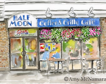 Half Moon Cafe, Wallingford, Connecticut, WaterColor, 5x7, 8x10, 11x14, Print, Print, Art