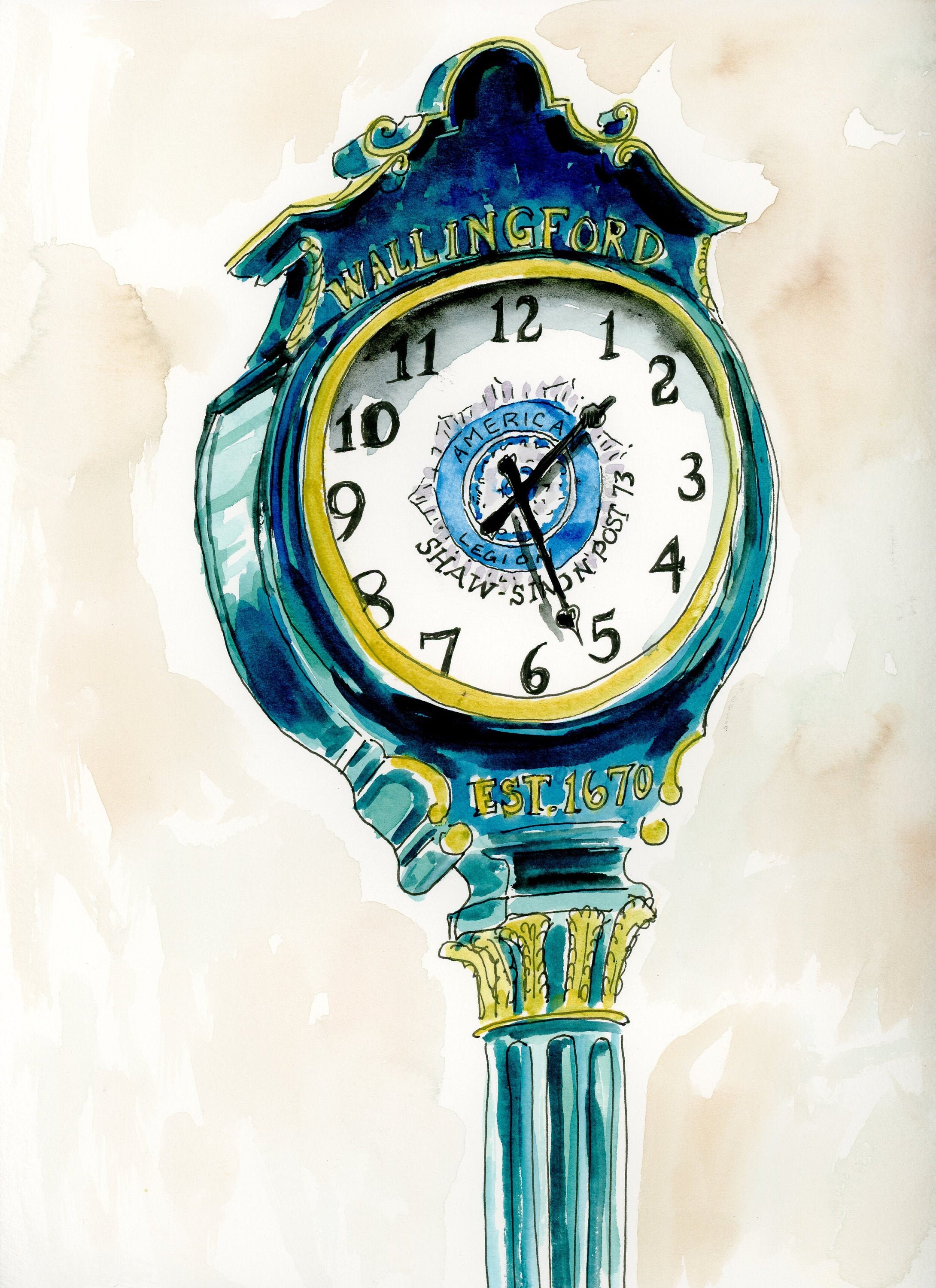 Wallingford Clock, Wallingford, Connecticut, Watercolor, 5x7, 8x10