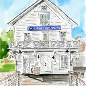 May include: A watercolor painting of a white building with a blue sign that reads "Connecticut River Museum". The building has a wooden deck with a railing and a barrel on the deck.