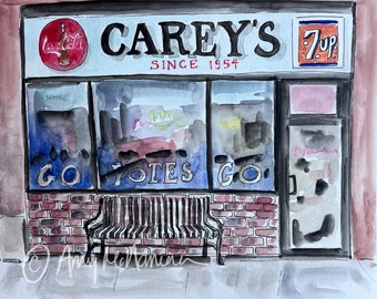 Carey’s Bar & Cafe, Vermillion, South Dakota, WaterColor, 5x7, 8x10, 11x14, Print, Art