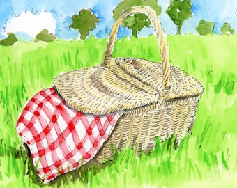 Picnic Basket Red Gingham Check  Watercolor Drawing signed print