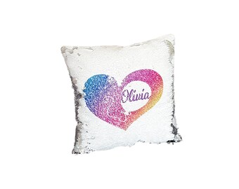 Personalised Rainbow Heart Reversible Sequin Cushion-Decorative Cushion-Personalised Heart Decor