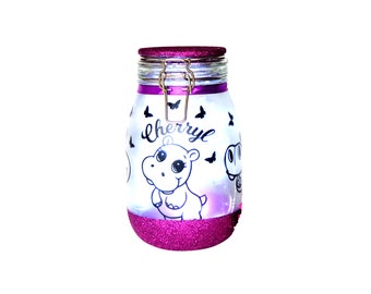 Personalised Cute Cartoon Hippo Nightlight Jar - Unique Gift - Frosted Glow