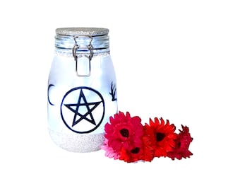 Large Wicca Night Light Jar, Alter Decor, Pentagram Light, Moon Goddess and Horned God, Witch Decor