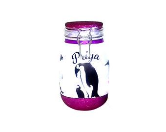 Handmade Penguin Themed Light Jar with Personalization - Frosted Glass, LED Micro Lights, and Custom Glitter Base