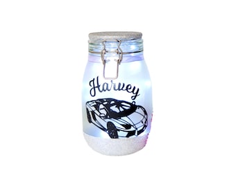 Large Handmade Sports Car Light Jar - Personalised, Frosted Glass, Glitter Base, LED Micro Lights - Unique Gift!