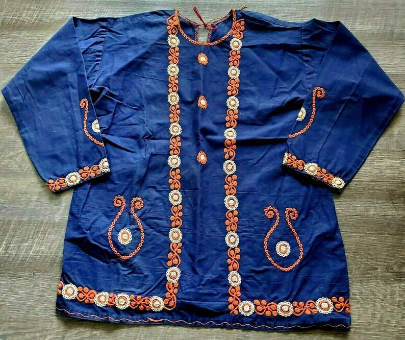 Vintage Japanese Embroidery Floral Tunic Top Keyhole Back Boho Navy Blue