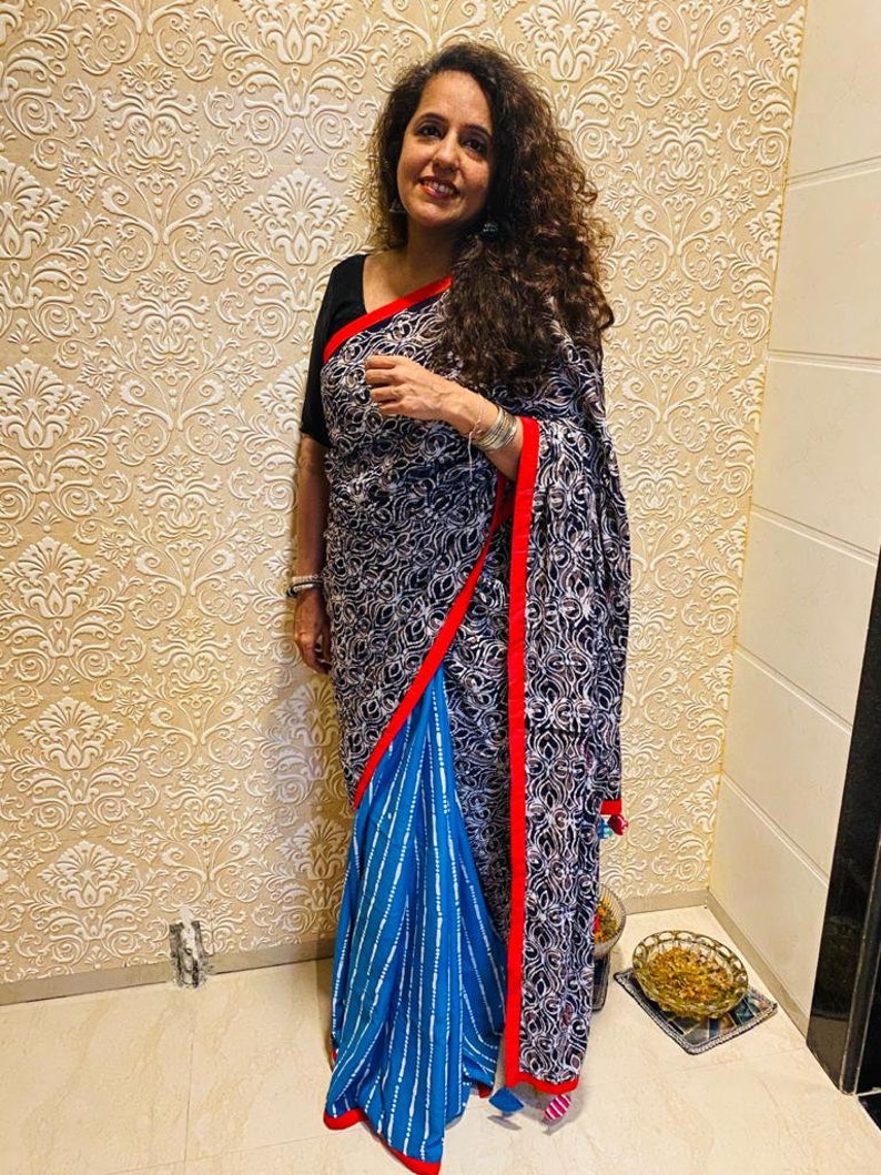 wedding wear Indian Batik and Block Print Cotton Voile Sarees for women Cotton Voile sarees black and blue handmade soft saree in red