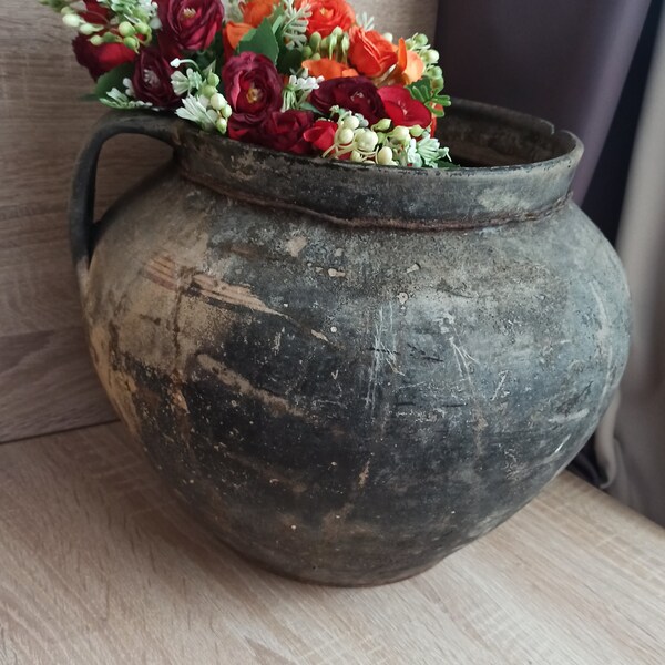 Big Antique Vintage clay pot, Wabi sabi pottery pot Rustic kitchen decor, rustic clay crockery, Vintage flower pot, Earthenware vase