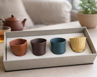 Chinese Tea Cups Set of 4 | Yixing Style Gongfu Tea Set | Ceramic Teacups | Small Tea Cups | Unique Gift for Tea Lover | Asian  Decor