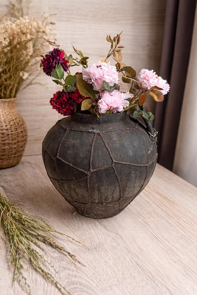 Antique Clay Pot Large Rustic Vase, Vintage Earthenware Vessel, Wabi Sabi Home Decor, Primitive Ceramic Pot image 13