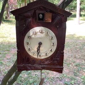 Puede incluir: Un reloj de cuco de madera marrón con una esfera blanca y marcadores de hora romanos negros. El reloj tiene un diseño tallado de piña y una pequeña puerta de casita de pájaros.