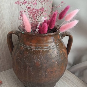 Könnte beinhalten: Ein rustikaler brauner Keramiktopf mit zwei Henkeln, gefüllt mit getrockneten rosa Blumen. Die Blumen umfassen flauschige rosa Hasenschwänze und zarte rosa Zweige.