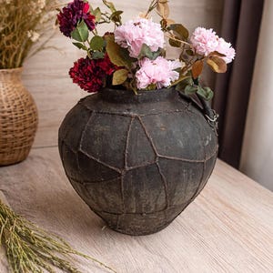 Antique Clay Pot Large Rustic Vase, Vintage Earthenware Vessel, Wabi Sabi Home Decor, Primitive Ceramic Pot image 12