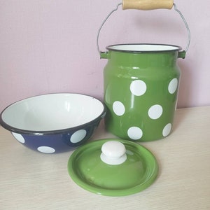Еnamelling Vintage  Green Milk Cans, Milk Pail Yellow Enamel Bucket Green Enamel Can, Rustic Home Decor, Enamelware, Рlate with polka dots