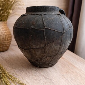 Antique Clay Pot Large Rustic Vase, Vintage Earthenware Vessel, Wabi Sabi Home Decor, Primitive Ceramic Pot image 17