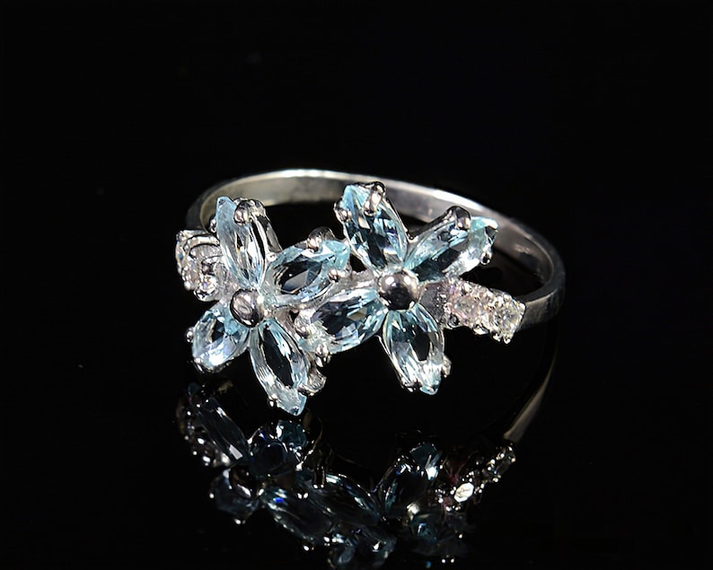 Natural Aquamarine Ring Aquamarine Flower Ring Aquamarine Ring Silver Aquamarine Ring Size 7 Aquamarine Ring for Women 8