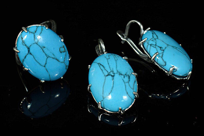 Blue Turquoise Jewelry Set Turquoise Ring Oval Turquoise Oval Earrings Turquoise Ring Size 7 11 Turquoise Ring /& Earrings Set 8 10 9