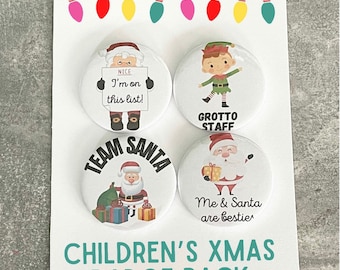 Children’s Christmas badge pack, 58mm Xmas badges for kids, team Santa, stocking filler, cracker fillers, secret Santa