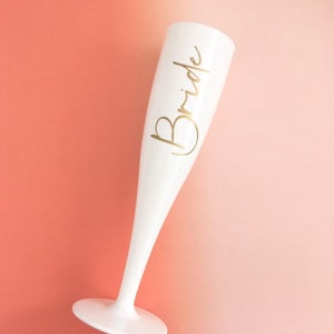 White personalised flute, champagne flute, plastic wine glass, hen party glasses, hen weekend plastic glasses, travel wine glasses