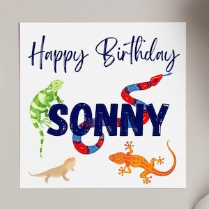 Boys personalised birthday card, reptile theme birthday card, snake, bearded dragon, chameleon design card, kids reptile party