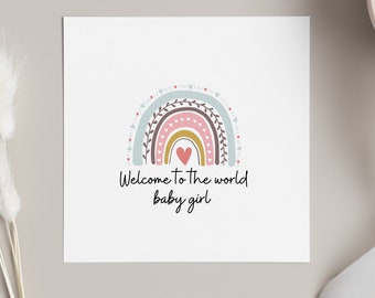 Welcome to the world baby girl, new baby greeting card, baby shower cards, rainbow design baby card, newborn girl cards