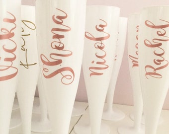 White, plastic champagne flute, personalised bridesmaid gift, bridesmaids proposal, hen party,outdoor wedding reception flutes