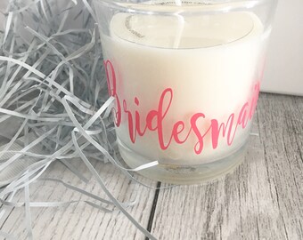 Bridesmaid proposal, bridesmaid candle, personalised scented candle, bridesmaid proposal, maid of honour proposal, bridetribe gifts, bridal