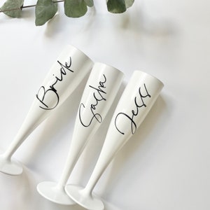 White personalised flute, champagne flute, plastic wine glass, hen party glasses, hen weekend plastic glasses, travel wine glasses