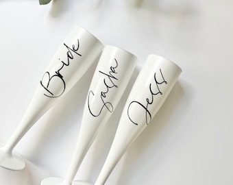 White personalised flute, champagne flute, plastic wine glass, hen party glasses, hen weekend plastic glasses, travel wine glasses
