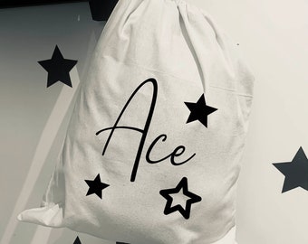 Personalised childrens cotton drawstring bag for toys or clothing, pe and sports club kits. Ideal gift for Christmas and birthdays,